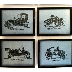 1956 Antique Cars Hand Embroidered 4 Wall Frames, Chevy, Ford, Oldsmobile